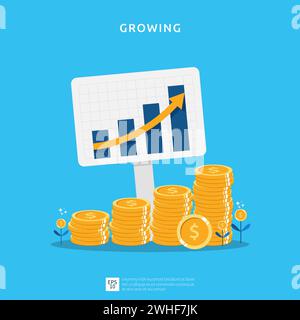 Business growth illustration for smart investment concept. Profit performance or income with pile coins symbol of return on investment ROI Stock Vector