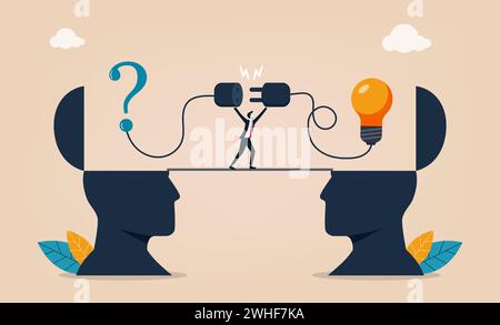 Businessman connect question mark with lightbulb solution. Solution for problem, creative idea and innovation for business success. leadership to over Stock Vector