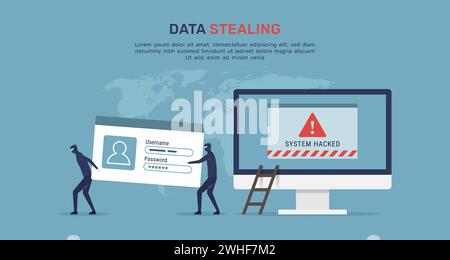 Cyber attack security concept, data stealing on computer with warning message alert, phishing activity on internet access Stock Vector