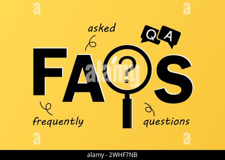 Frequently asked questions (FAQs) letters isolated on yellow background with magnifying glass symbol, searching for solutions, useful information, cus Stock Vector
