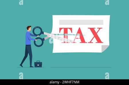 Businessman cutting word tax with scissors, Business finance, lower tax bill concept Stock Vector
