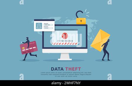 Cyber attack security and data theft activity concept, confidential or financial information stealing from computer with warning message alert, phishi Stock Vector