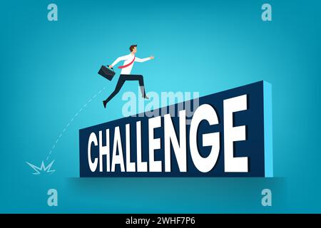 Overcome obstacles or motivation to solve problem and lead company achievement concept, confident businessman leader jump high over challenge wall, Stock Vector