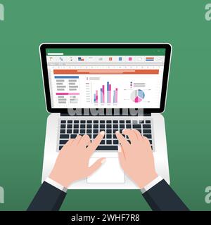Spreadsheet on Laptop screen. Financial accounting report concept. office things for planning and accounting, analysis, audit, project management, mar Stock Vector