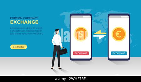 Foreign currency exchange service concept. Money exchange system online on smartphone app vector illustration Stock Vector