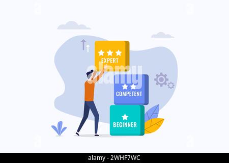 Enhancing skill concept, a man moving block of skills symbol, personal growth and skill level upgrade Stock Vector
