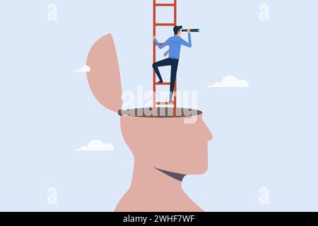 Growth mindset concept, motivation to be success, businessman climb up ladder and look up through telescope from head symbol, personal development to Stock Vector
