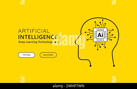 Artificial Intelligence (AI) landing page design concept, deep learning network technology on the head symbol Stock Vector