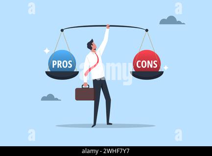 Pros and cons concept, businessman holding scales with pros and cons on it, advantages and disadvantages comparison, good and bad symbol, consideratio Stock Vector
