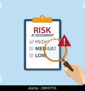 Risk assessment or identification analysis with hand hold magnifier and exclamation mark Stock Vector