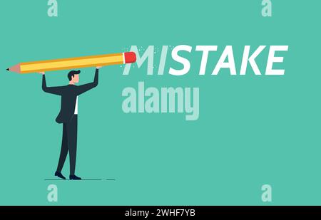 A man holds pencil with eraser is correcting mistakes, the ways move forward and make amends, erase the word mistake Stock Vector