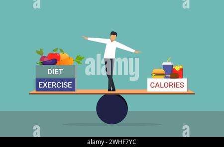 Balancing between calories with exercise and diet, scale and weighing we ate and we burn, calories in and calories out, healthy life style diet Stock Vector