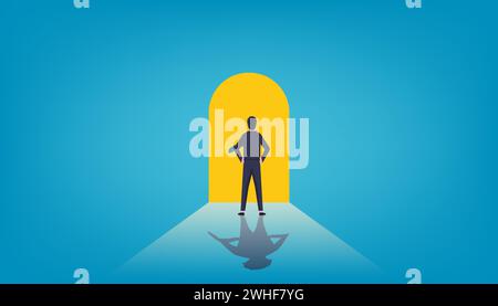 Businessman standing in front of door, Finding solution, new possibilities, hope, success and opportunity concept Stock Vector