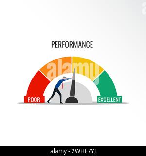 Performance indicator, performance appraisal improvements with a man pushes needle indicator to excellent Stock Vector