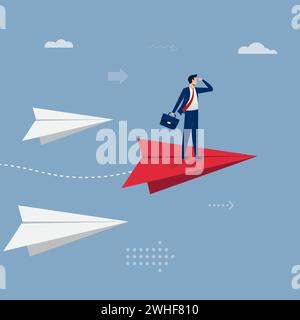 Businessman standing on the paper plane. Business concept design. Vector flat illustration Stock Vector