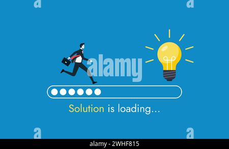 Solution and idea loading concept with progress bar and light bulb symbol, big idea, innovation and creativity for success, businessman running on pro Stock Vector