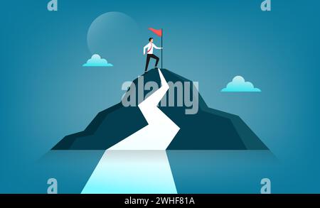 Businessman holds flag on top of mountain symbol. Achievement, leadership, business career and success concept Stock Vector