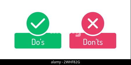 Do's and don'ts icon in circle frame, allow and not allowed reminder help guidance, positive and negative check marks Stock Vector