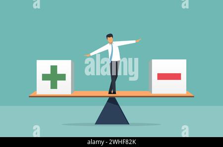 Pros and cons equilibrium in decision making under uncertainty, Plus and minus or positive and negative sign on blocks are in balance, businessman sta Stock Vector