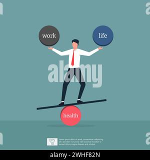 Work, health and life balance concept, businessman try to balancing his work, health and life in harmony, intelligence and control vector illustration Stock Vector