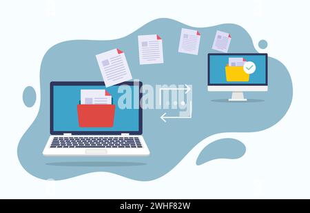 Transfer file of data between laptop and computer, Files transferred Encrypted Form, Backup of in formation on pc system, Exchange of files on folder Stock Vector