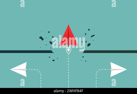Overcoming obstacles, barrier, target, goal with red paper plane breaking through obstacle when the others paper plane don't. Business solution or lea Stock Vector