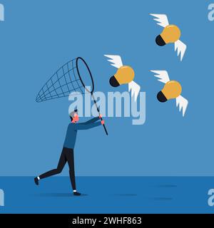 Searching creativity, inspiration and solution concept. Businessman trying to catch lightbulb idea using net catcher. Business opportunity, vision to Stock Vector