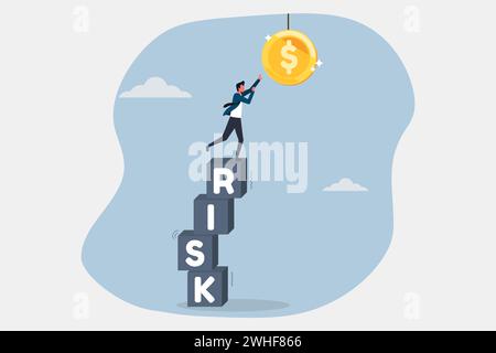 High risk high return concept, businessman stand on stacks of risk boxes to get reward, prospects of higher return in higher risk Stock Vector