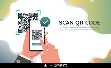 Hand holds smartphone to scan QR code for online payment, shopping transaction, share link website and contact information on mobile app services. Tem Stock Vector