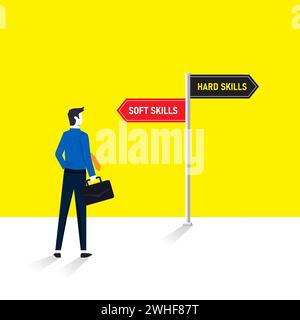 Businessman infront of road signs indicating hard skills and soft skills. Hard skills vs soft skills concept Stock Vector