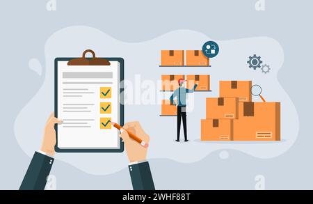 Inventory control system concept, professional manager checking goods and stock supply, Inventory management with goods demand Stock Vector