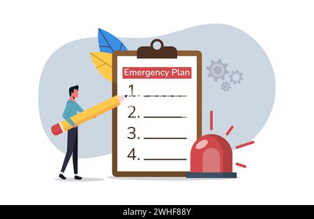 Business emergency plan, smart businessman holding pencil with paper of emergency plan and flashing siren, checklist to do when disasters happen to co Stock Vector