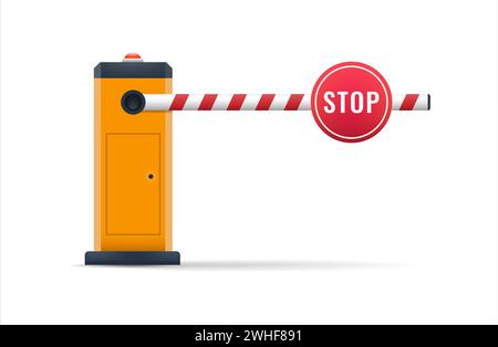 Barrier gate with flashing for security. Closed automatic for parking of car or vehicle. border for entrance to park, garage, customs, construction an Stock Vector