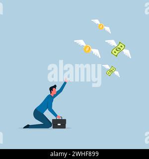 Losing money from business or bankruptcy, wrong investment or economic crisis, hopeless businessman watching his money flew away Stock Vector