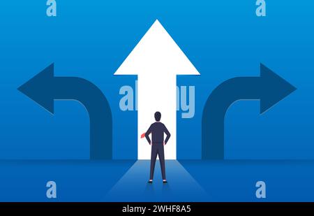 Choice and decision, businessman standing with arrows in three different directions, pathway selection dilemma Stock Vector