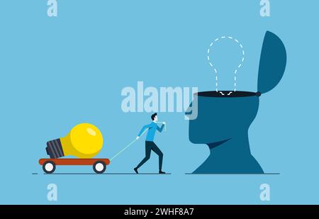Business inspiration concept, businessman pulling lightbulb to reach head symbol, sharing knowledge, idea of business, and brainstorming Stock Vector