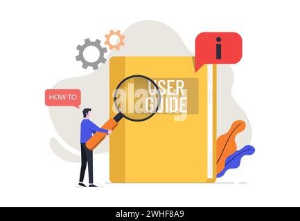 User manual guide book concept, People characters holds magnifier to read for guidance manual instruction textbook, specification user tutorial docume Stock Vector