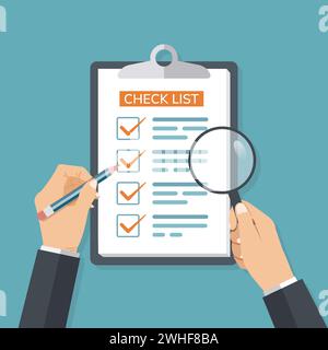 Checklist or habit tracker fill out to do list form. Time and planning management. Complete checklist and check mark ticks with hands hold pencil and Stock Vector