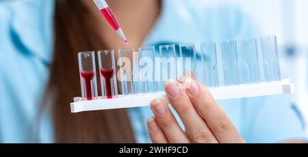 Scientist pipetting into cuvettes Stock Photo