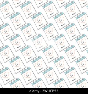 Seamless pattern with White Day 14 March date and heart shaped stroke by hand on calendar pages. Isolate. EPS. Vector for wrapping, wallpaper or web, posters, banner, brochure, cards, price tag, label Stock Vector