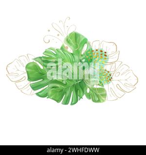 Watercolor tropical bouquet with monstera leaves in a romantic, luxury style with golden elements. To create wedding design, banners, postcards, greet Stock Photo