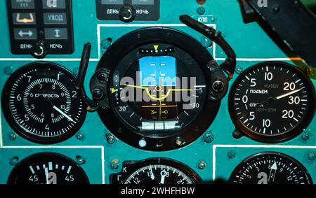 Avionics devices and sensors in the cockpit of an old airplane Stock Photo