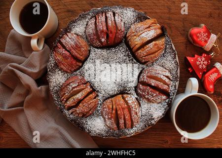 Traditional apple pie, fruit dessert, tart on wooden rustic table. Top view, christmas background Stock Photo