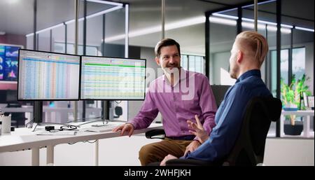 Man Workers In Office Break. Friends Speak Stock Photo