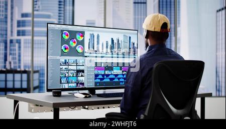 Video Editor Or Designer Using Editing Software Tech On Computer Stock Photo