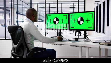 Blank Desktop Computer Screen In Office. Man Looking At Job Screen Stock Photo