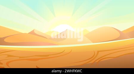 Burning sun. Desert sand dunes. Scenery Landscape. Isolated on a white background. Fun cartoon style. Vector Stock Vector