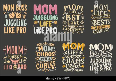 Diverse Mother's Day T-Shirt Bundle, mothers Day t-shirt vector set, Happy mothers day t-shirt set, mother's Day element vector, lettering Mom t-shirt Stock Vector