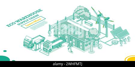 Isometric outline small ECO warehouse. Clean energy. Solar panels and wind turbines. Part of supply chain. Warehouse storage facilities. Stock Vector
