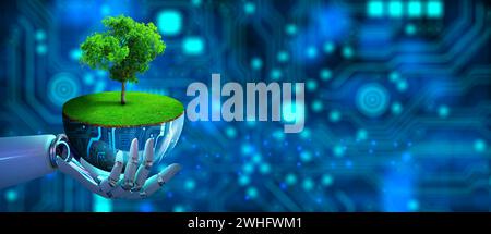 Robot Hand holding digital plant pot with Tree growing on. Eco Technology and Technology Convergence. Green Computing, Green Technology, Green IT, csr Stock Photo